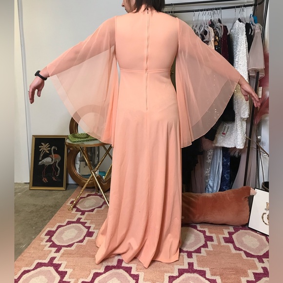 Vintage 70s size 9 princess sleeve peach beaded butterfly center maxi dress - Picture 6 of 16
